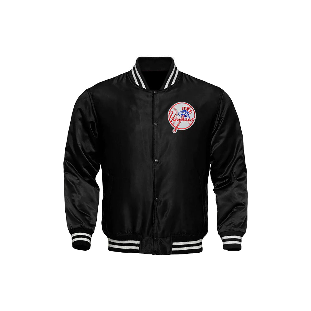 Classic Satin Varsity Full-Snap Jacket – Black