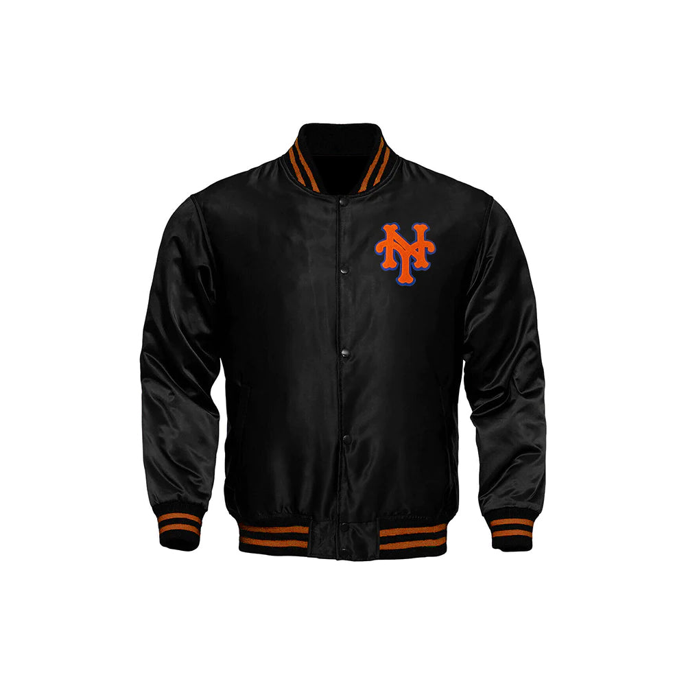 Classic Satin Varsity Full-Snap Jacket – Black