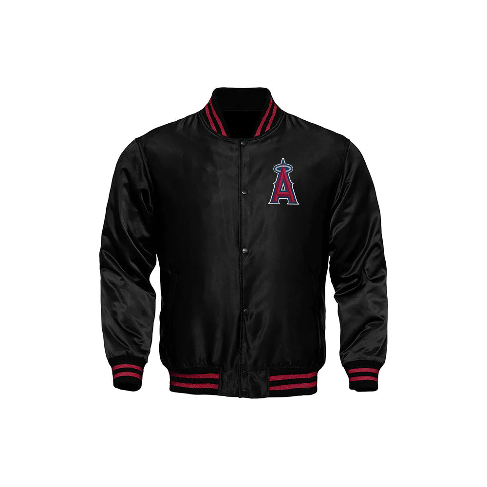 Classic Satin Varsity Full-Snap Jacket – Black