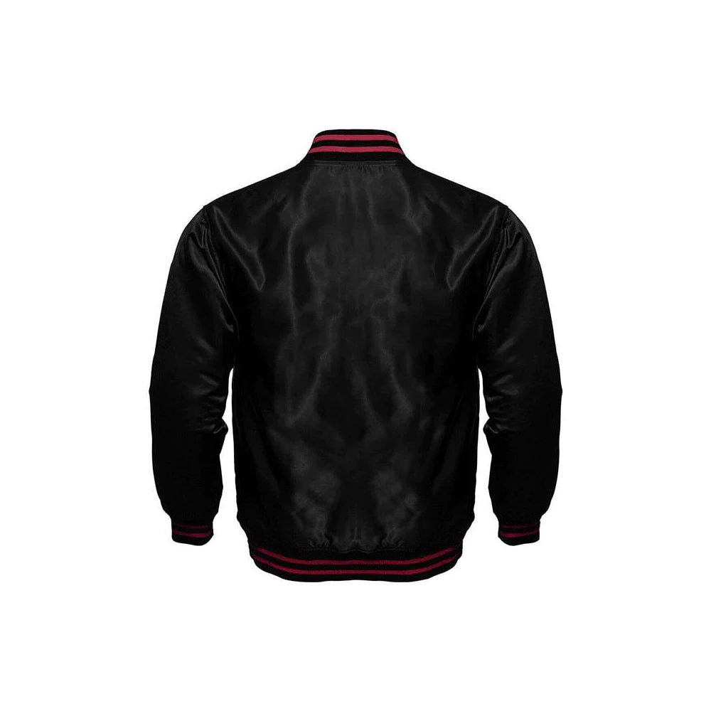 Classic Satin Varsity Full-Snap Jacket – Black
