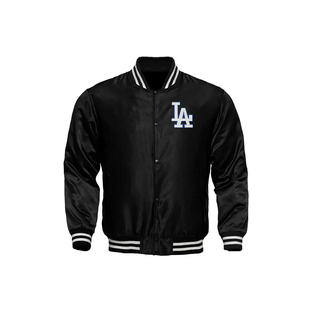 Classic Satin Varsity Full-Snap Jacket – Black