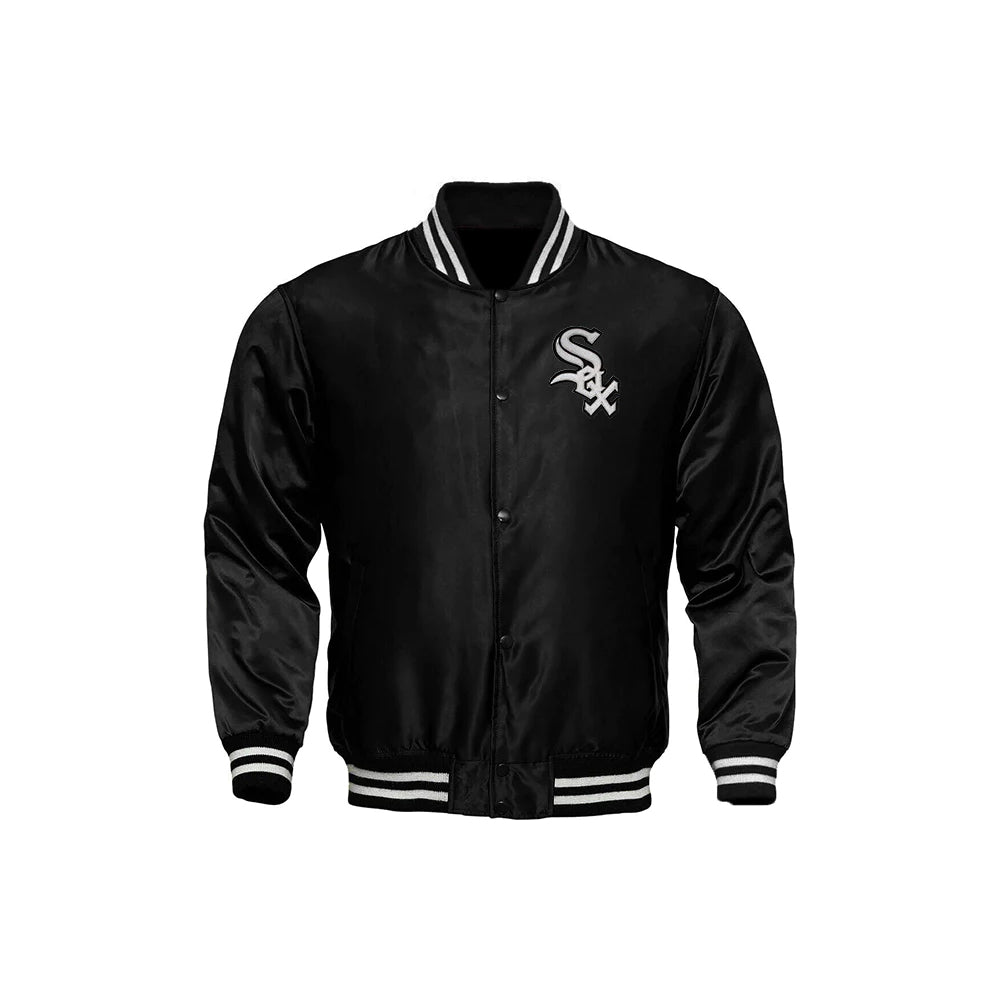 Classic Satin Varsity Full-Snap Jacket – Black