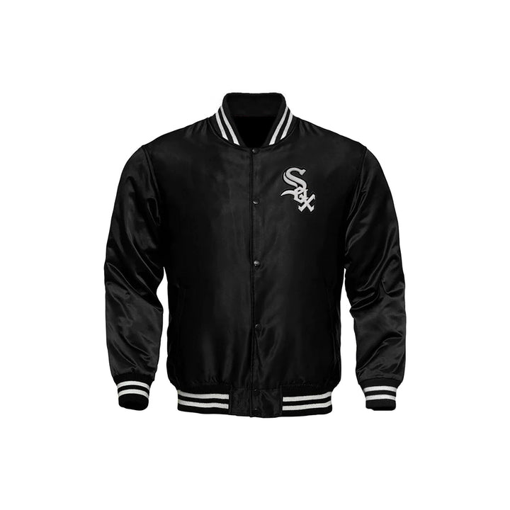 Classic Satin Varsity Full-Snap Jacket – Black
