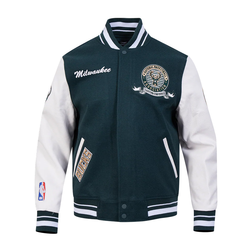 NBA MILWAUKEE BUCKS TEAM BADGE MEN'S RIB WOOL VARSITY JACKET