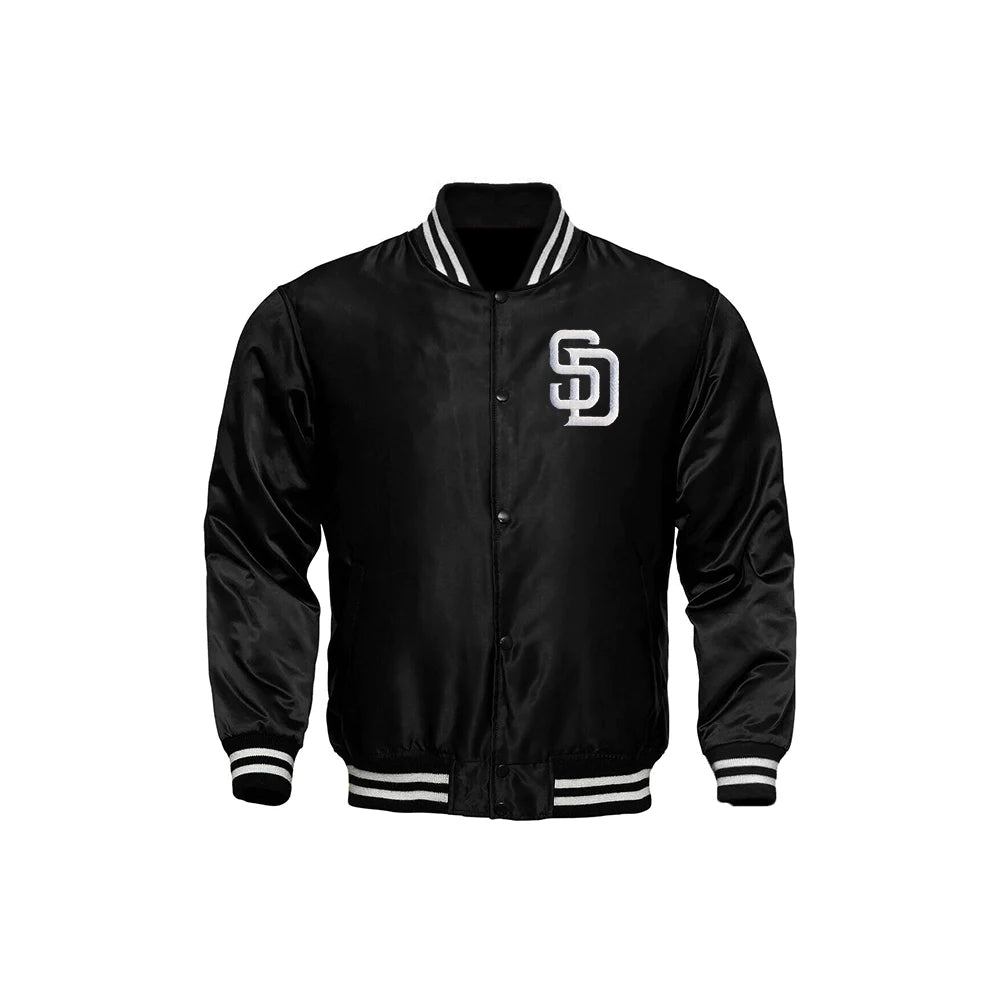 Classic Satin Varsity Full-Snap Jacket – Black