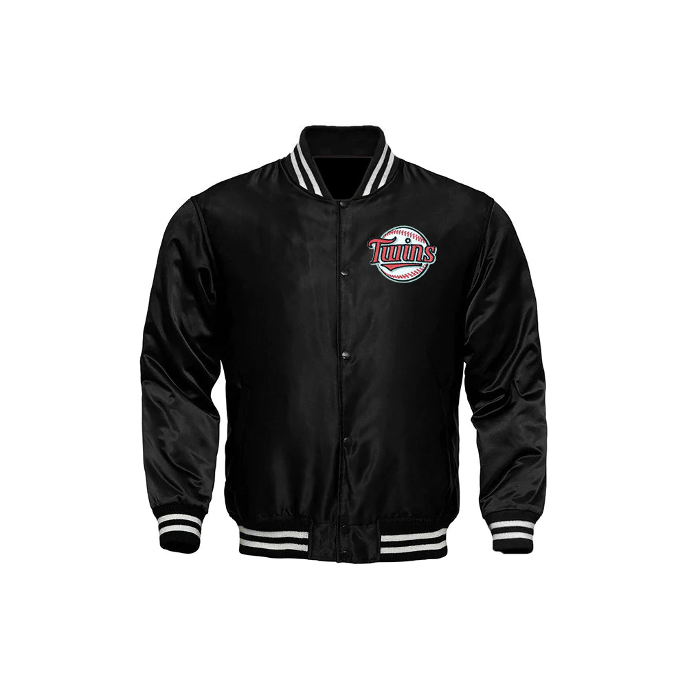 Classic Satin Varsity Full-Snap Jacket – Black