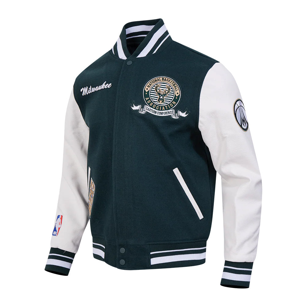 NBA MILWAUKEE BUCKS TEAM BADGE MEN'S RIB WOOL VARSITY JACKET