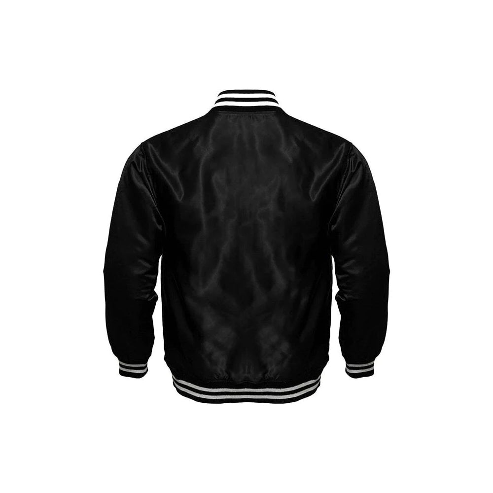 Classic Satin Varsity Full-Snap Jacket – Black
