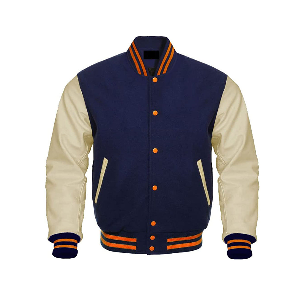Casual Varsity Jacket With Leather Sleeves