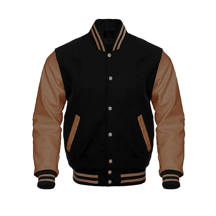 Soft Collar Varsity Jacket With Leather Sleeves
