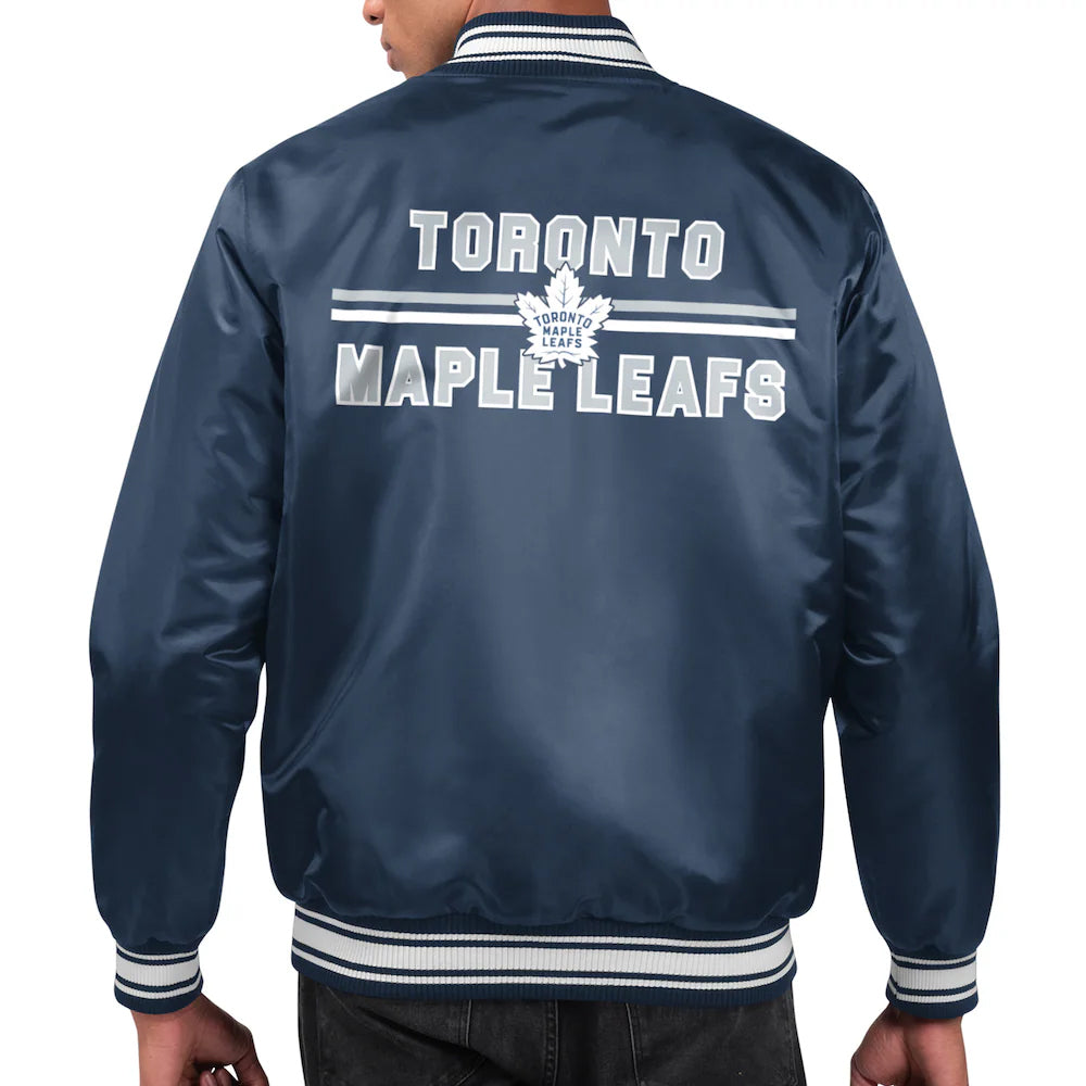 Men's Toronto Maple Leafs Starter Navy Printed Team Logo Satin Varsity Full-Snap Jacket