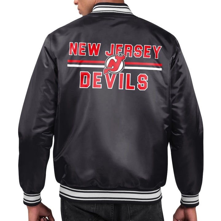 Men's New Jersey Devils Starter Black Printed Team Logo Satin Varsity Full-Snap Jacket