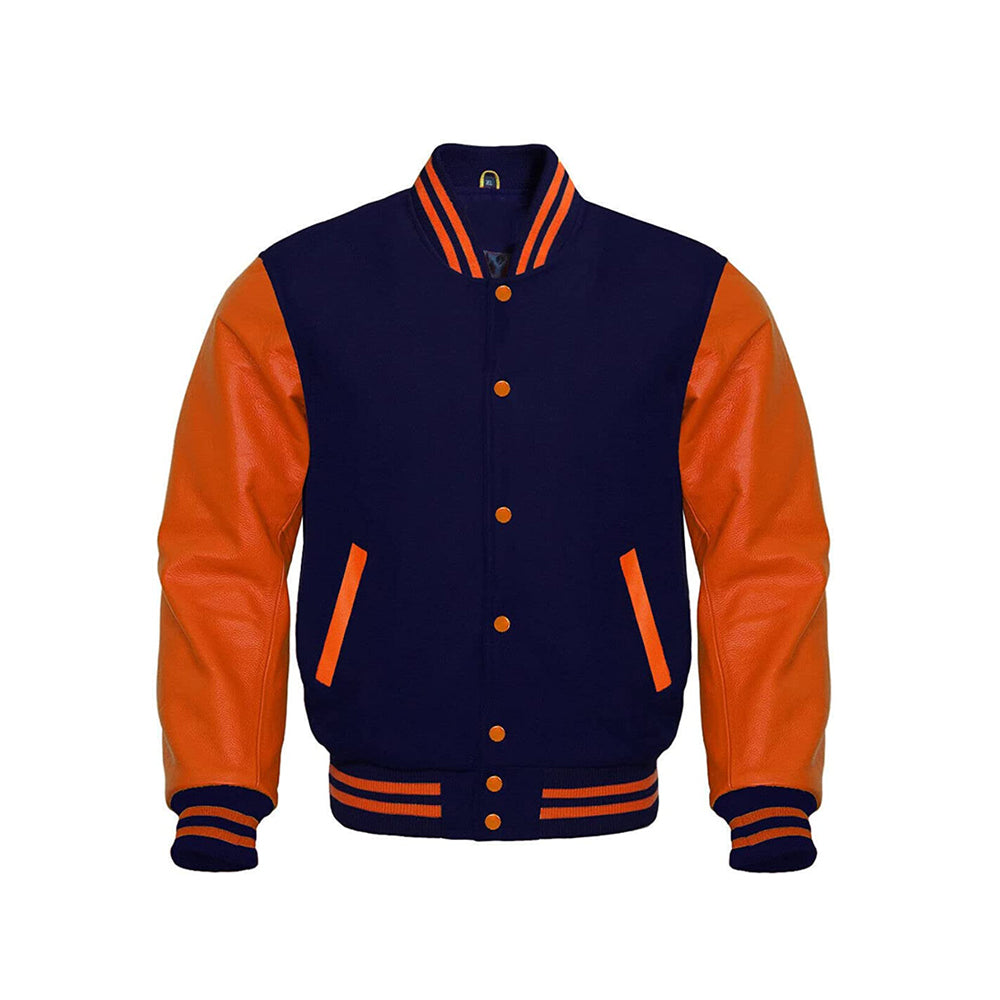Wool Blend Varsity Jacket With Leather Sleeves