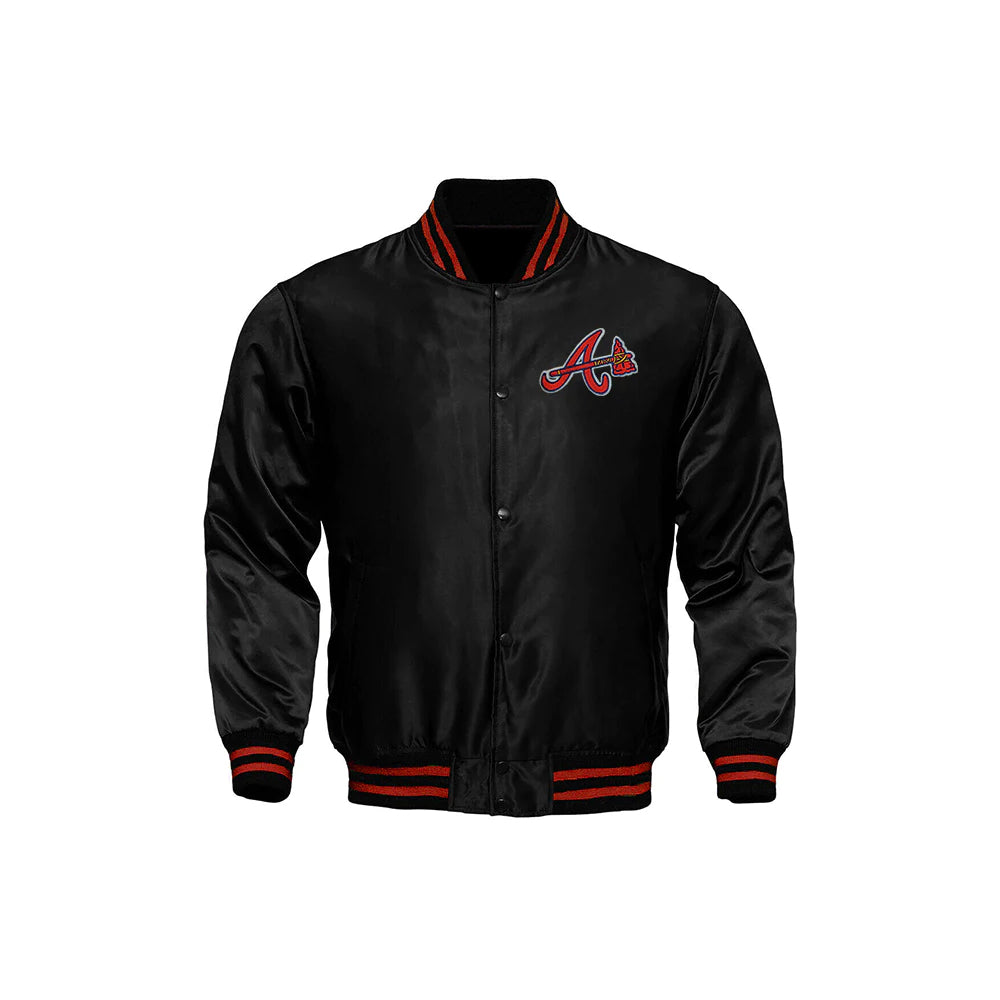 Classic Satin Varsity Full-Snap Jacket – Black