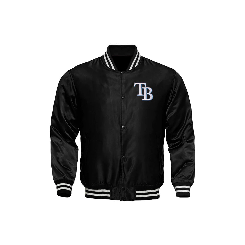 Classic Satin Varsity Full-Snap Jacket – Black
