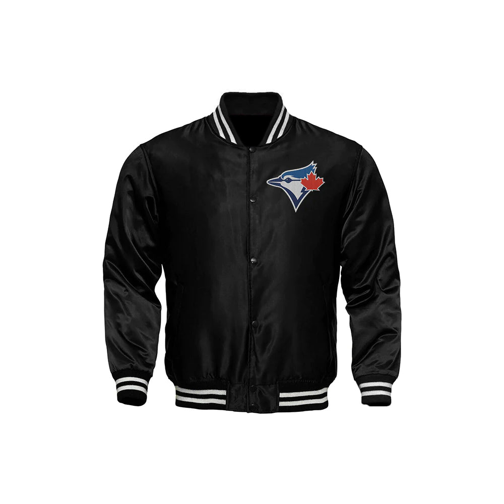 Classic Satin Varsity Full-Snap Jacket – Black