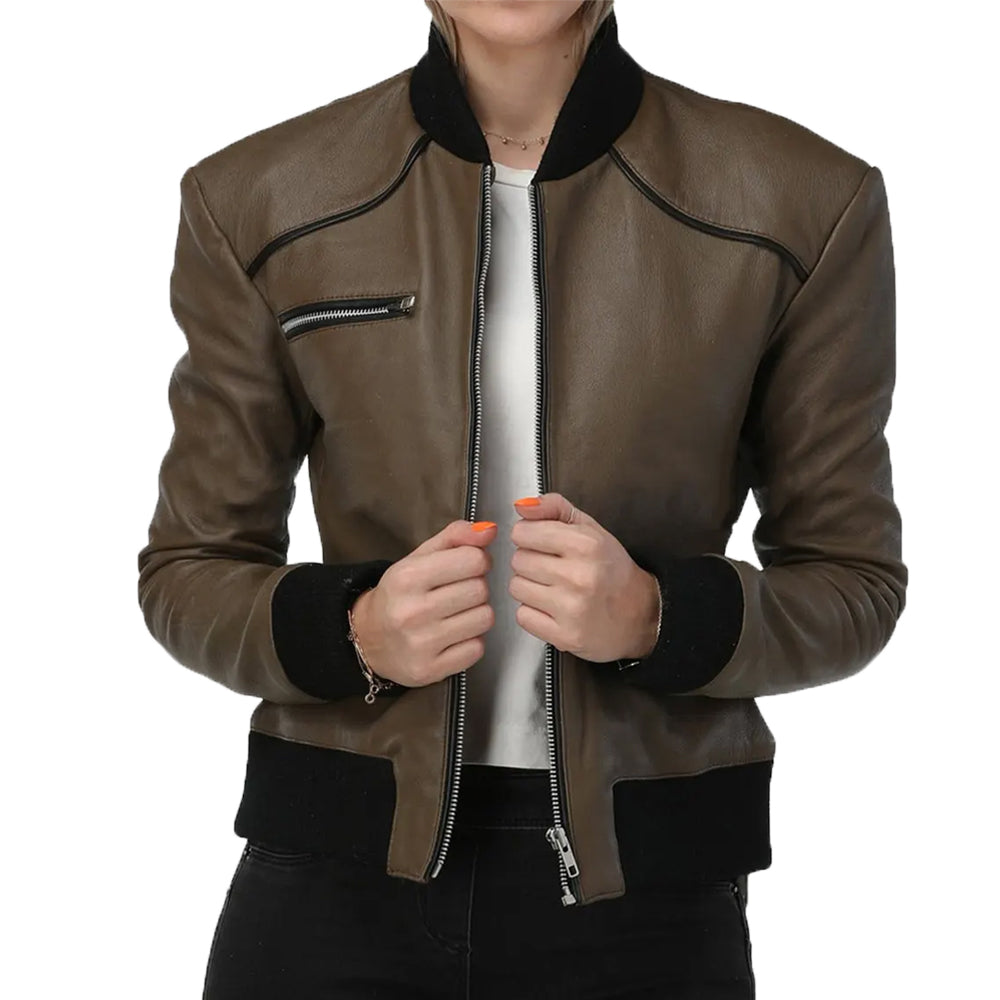 Betty Womens Brown Bomber Leather Jacket