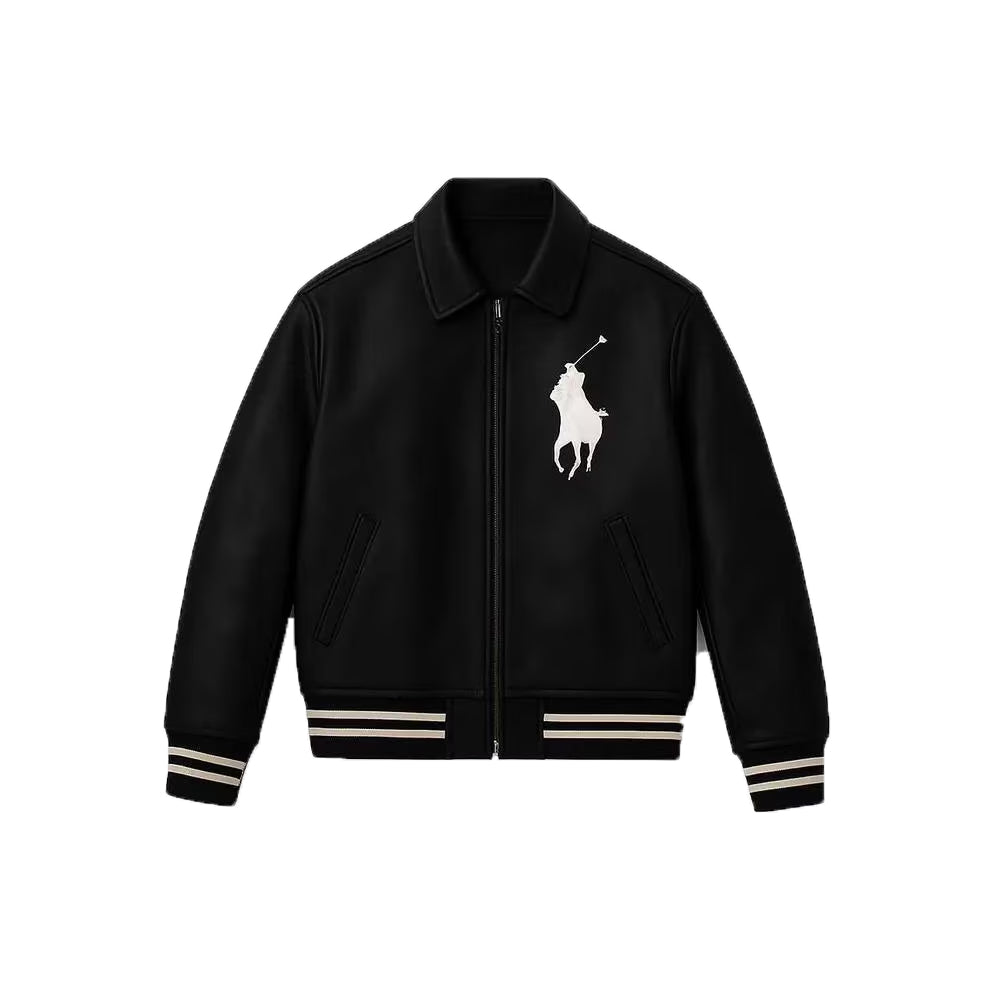 Black Leather Varsity Bomber Jacket Retro Horse Logo Streetwear