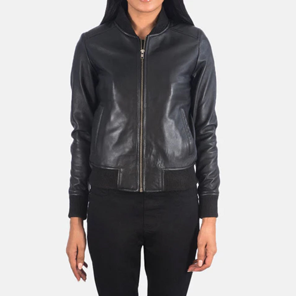 Classic Ladies Black Leather Bomber Jacket