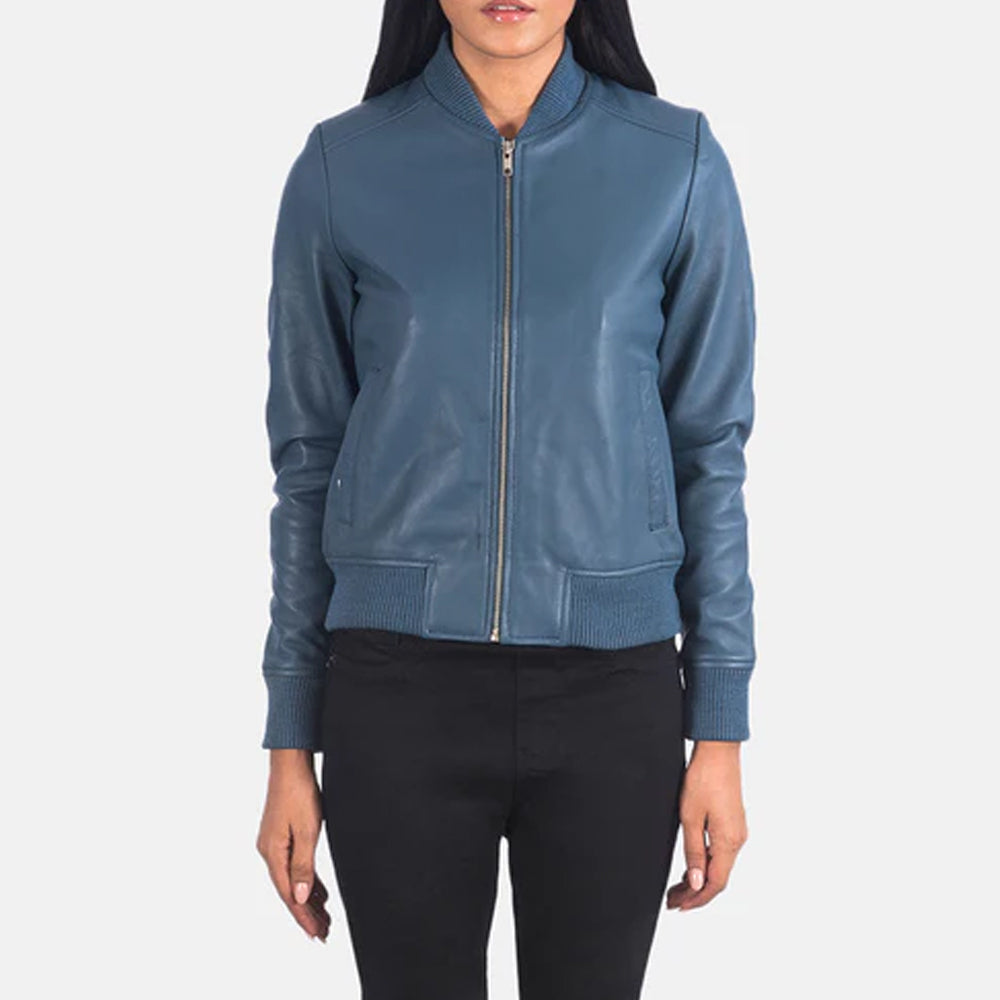 Classic Bliss Blue Leather Bomber Jacket