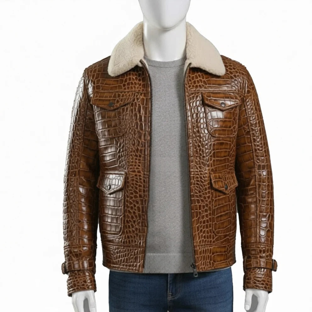 Brown leather jacket with crocodile texture on a mannequin