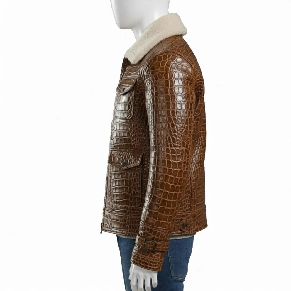 Brown crocodile-patterned leather jacket with white fur lining on a mannequin