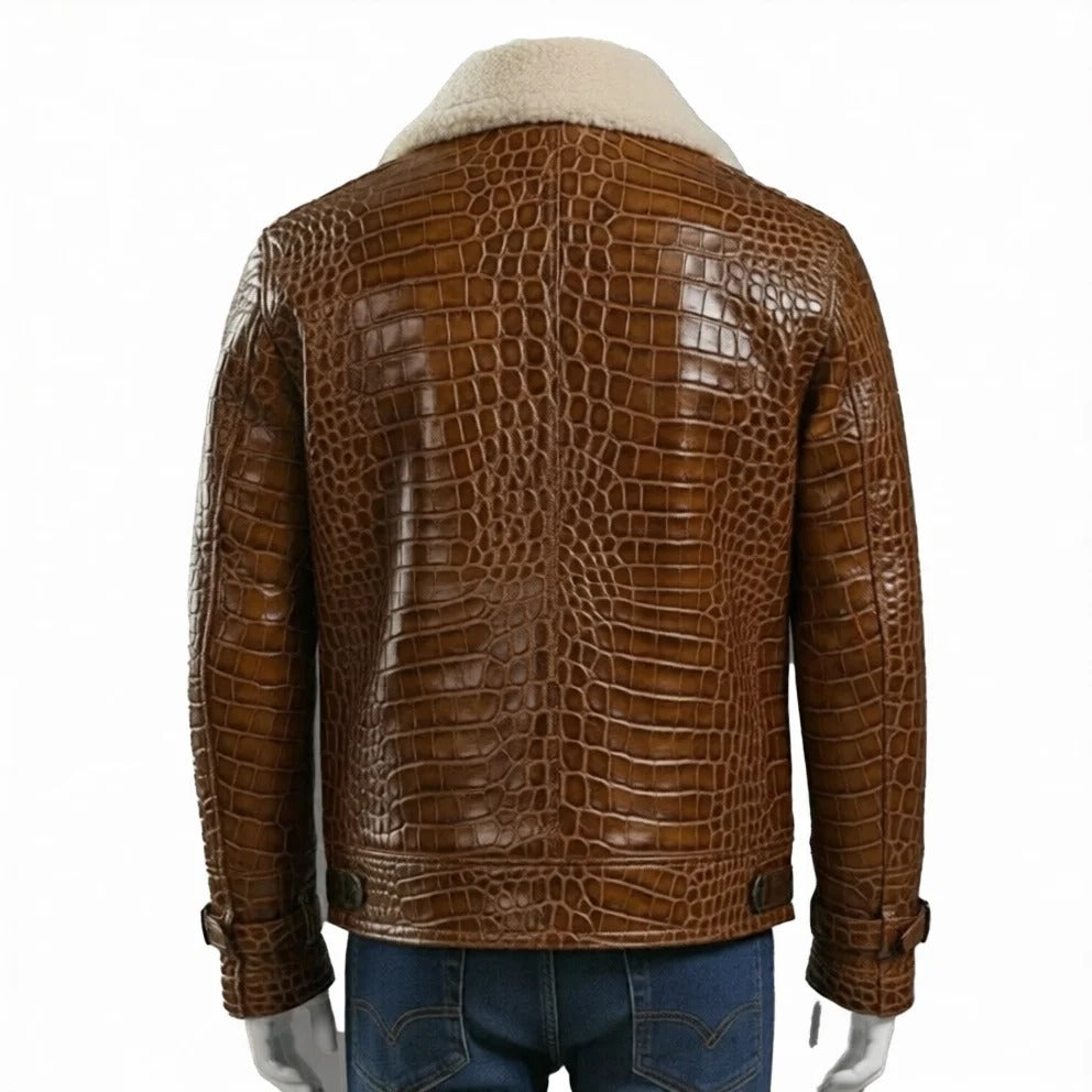 Brown crocodile-patterned leather jacket with white fur lining