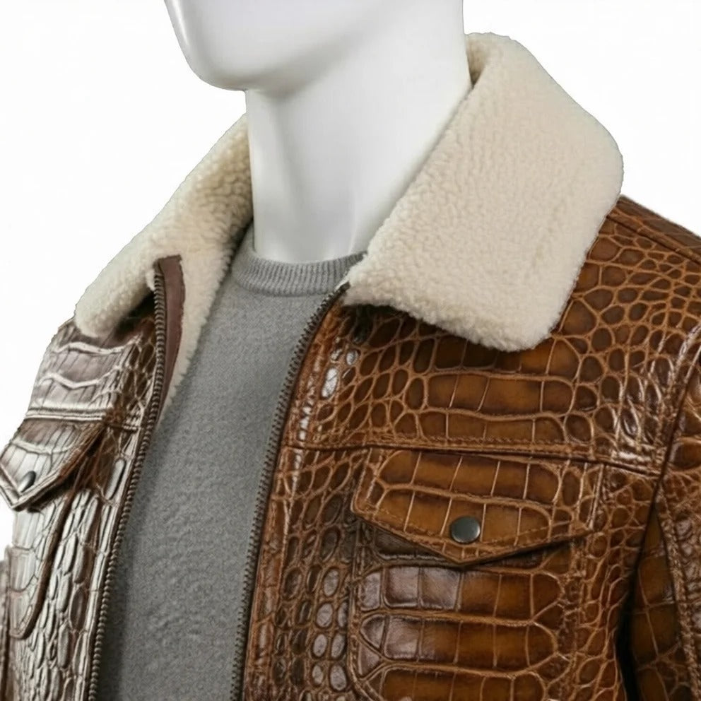 Brown crocodile skin jacket with beige fur lining on a mannequin 