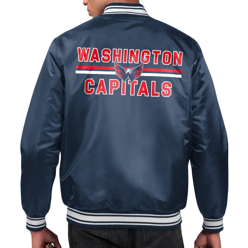 Men's Washington Capitals Starter Navy Printed Team Logo Satin Varsity Full-Snap Jacket