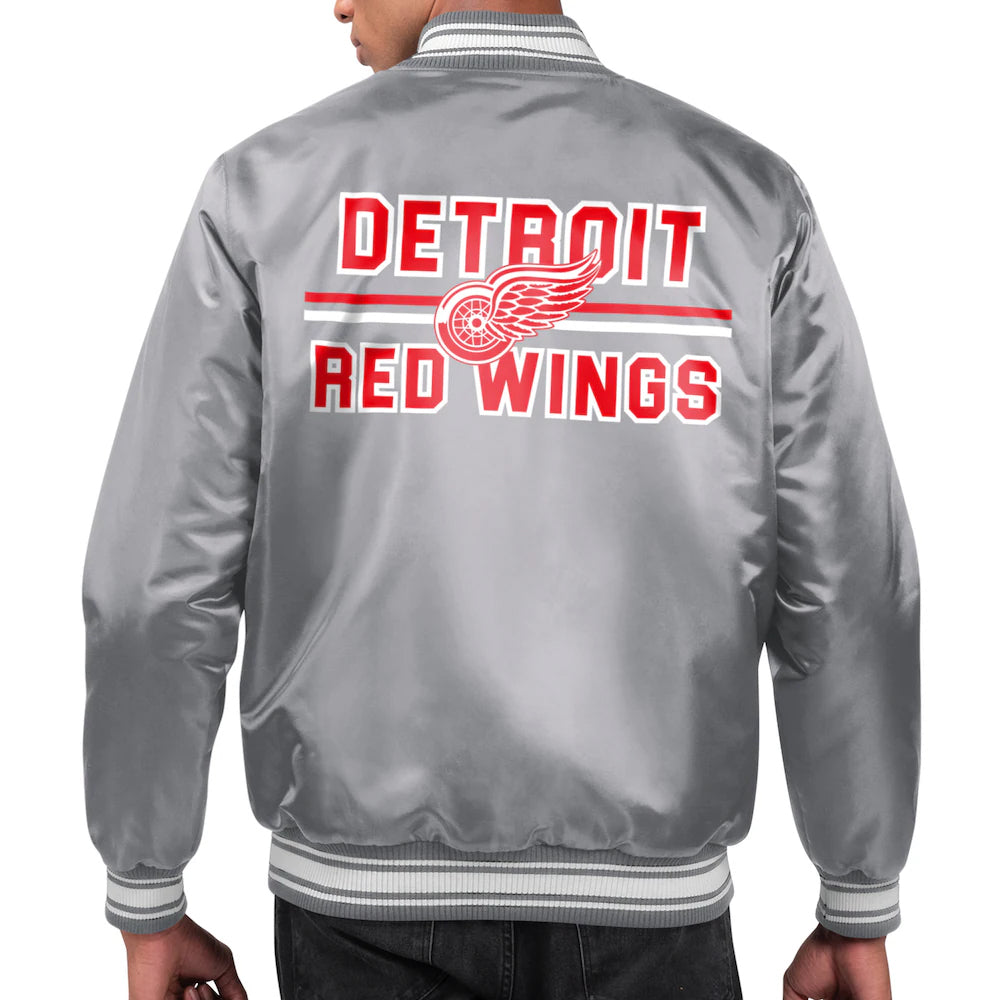 Men's Detroit Red Wings Starter Gray Printed Team Logo Satin Varsity Full-Snap Jacket