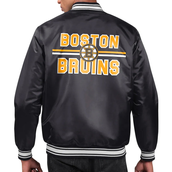 Men's Boston Bruins Starter Black Printed Team Logo Satin Varsity Full-Snap Jacket