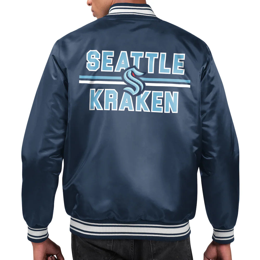 Men's Seattle Kraken Starter Deep Sea Blue Printed Team Logo Satin Varsity Full-Snap Jacket