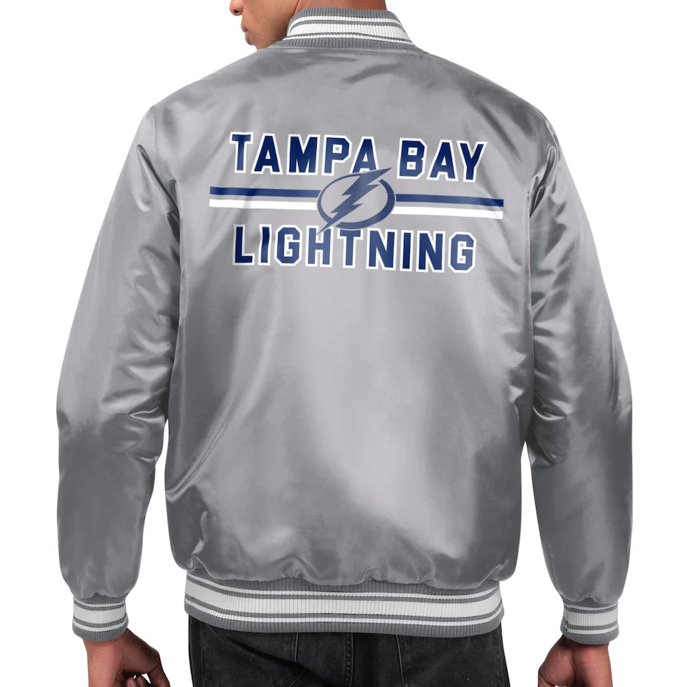 Men's Tampa Bay Lightning Starter Gray Printed Team Logo Satin Varsity Full-Snap Jacket