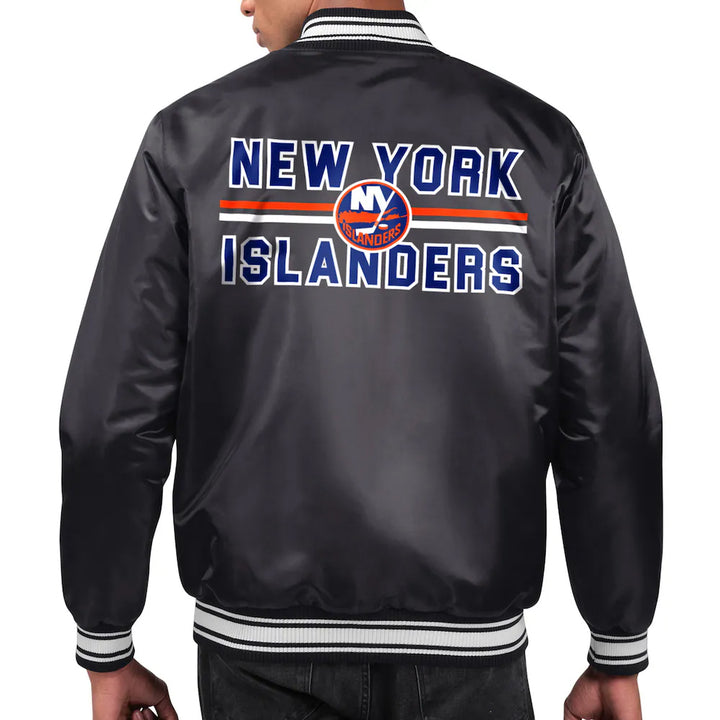 Men's New York Islanders Starter Black Printed Team Logo Satin Varsity Full-Snap Jacket