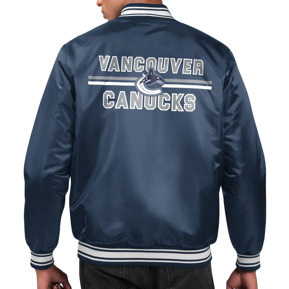 Men's Vancouver Canucks Starter Navy Printed Team Logo Satin Varsity Full-Snap Jacket