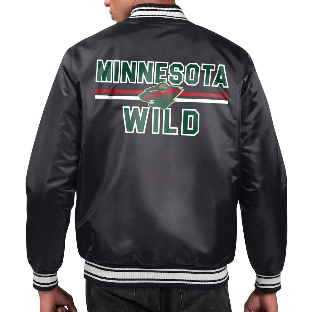 Men's Minnesota Wild Starter Black Printed Team Logo Satin Varsity Full-Snap Jacket