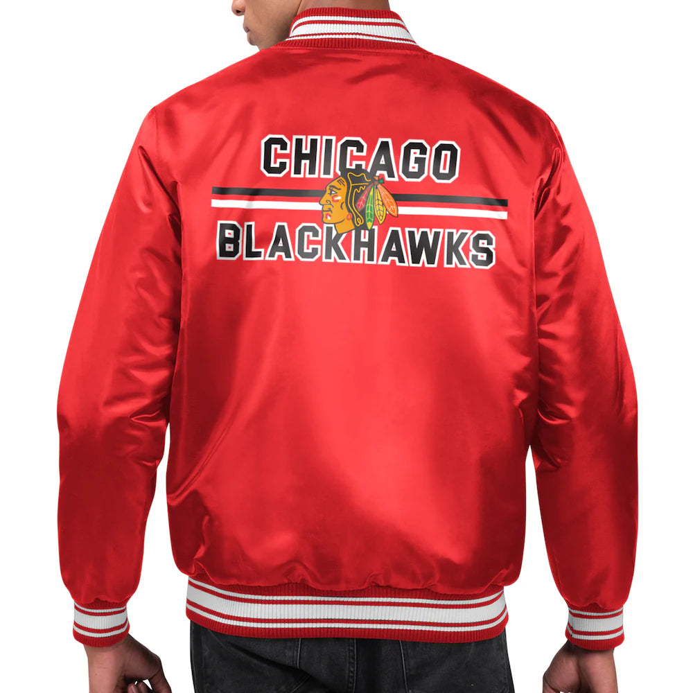 Men's Chicago Blackhawks Starter Red Printed Team Logo Satin Varsity Full-Snap Jacket