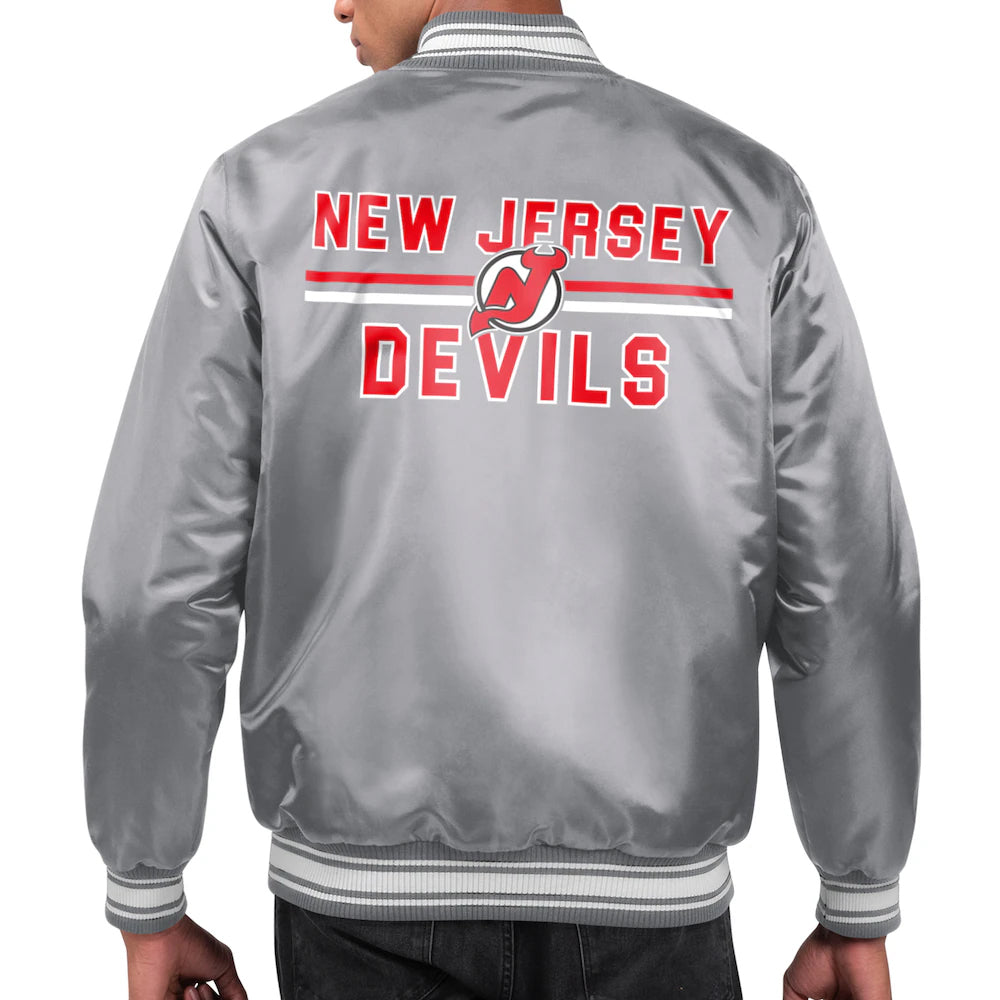 Men's New Jersey Devils Starter Gray Printed Team Logo Satin Varsity Full-Snap Jacket
