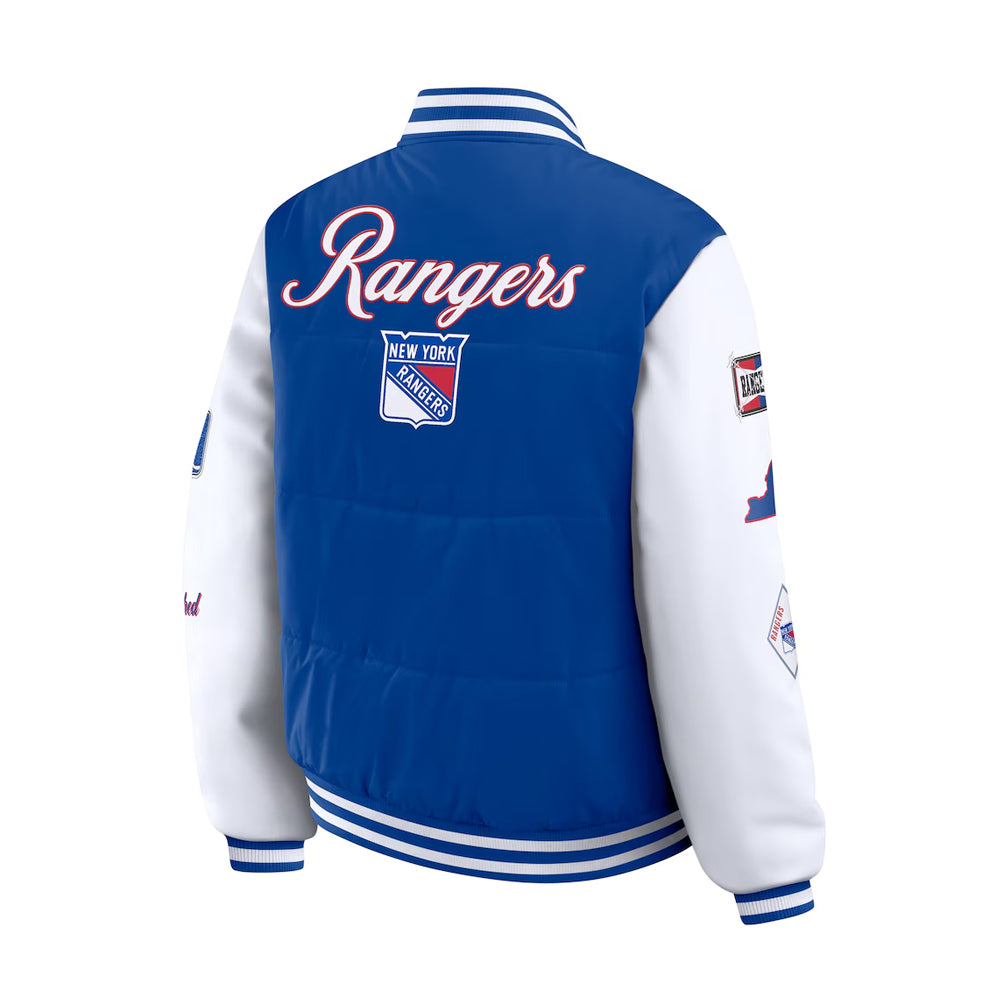 Women's New York Rangers WEAR by Erin Andrews Blue-White Varsity Full-Snap Puffer Jacket
