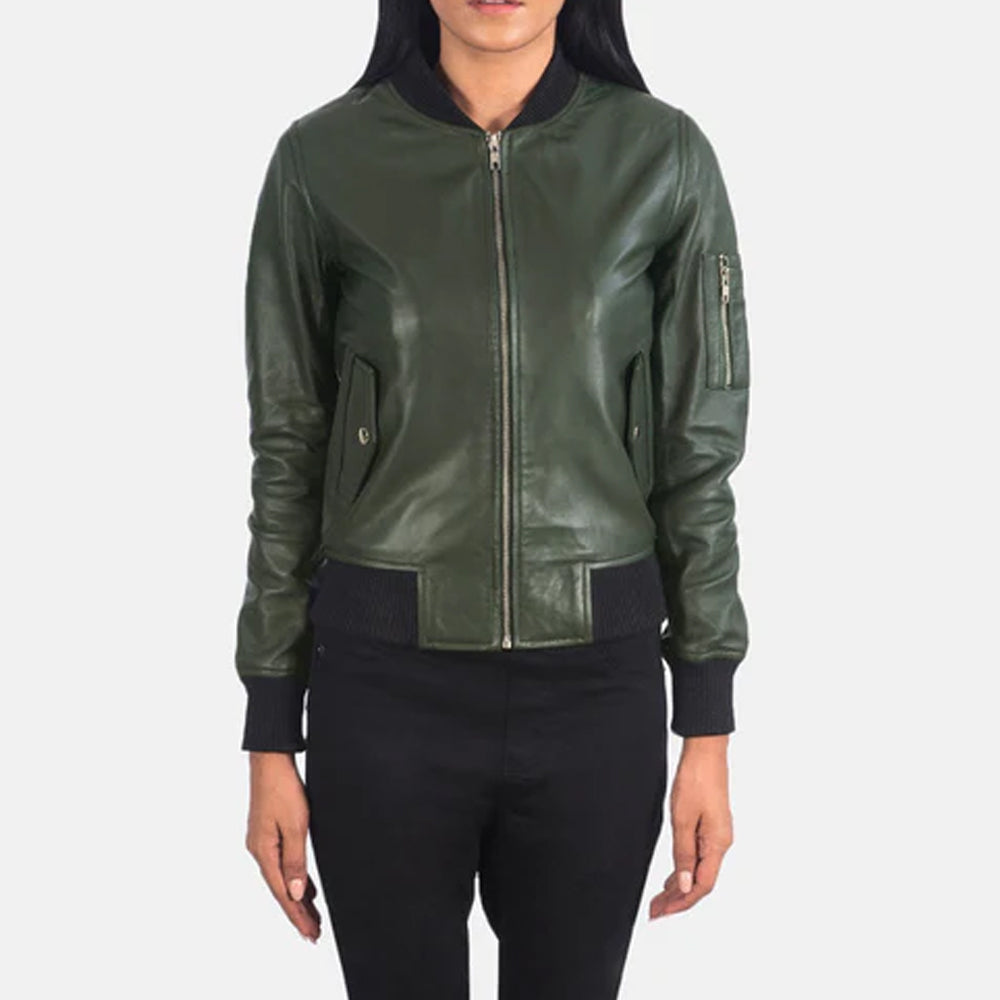 Classic Green Leather Bomber Jacket
