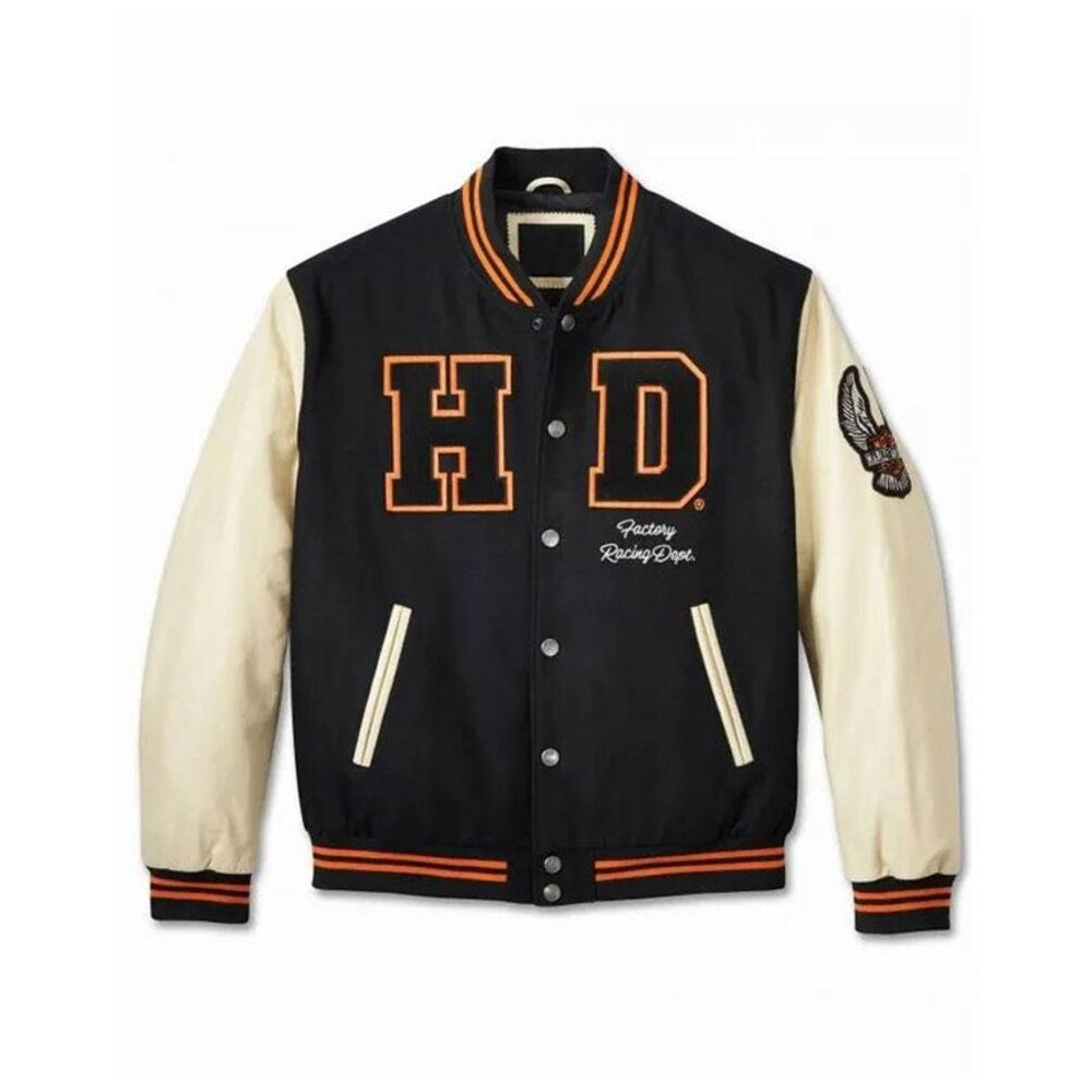 Varsity Jacket Men Black & Cream Leather Sleeves Jacket