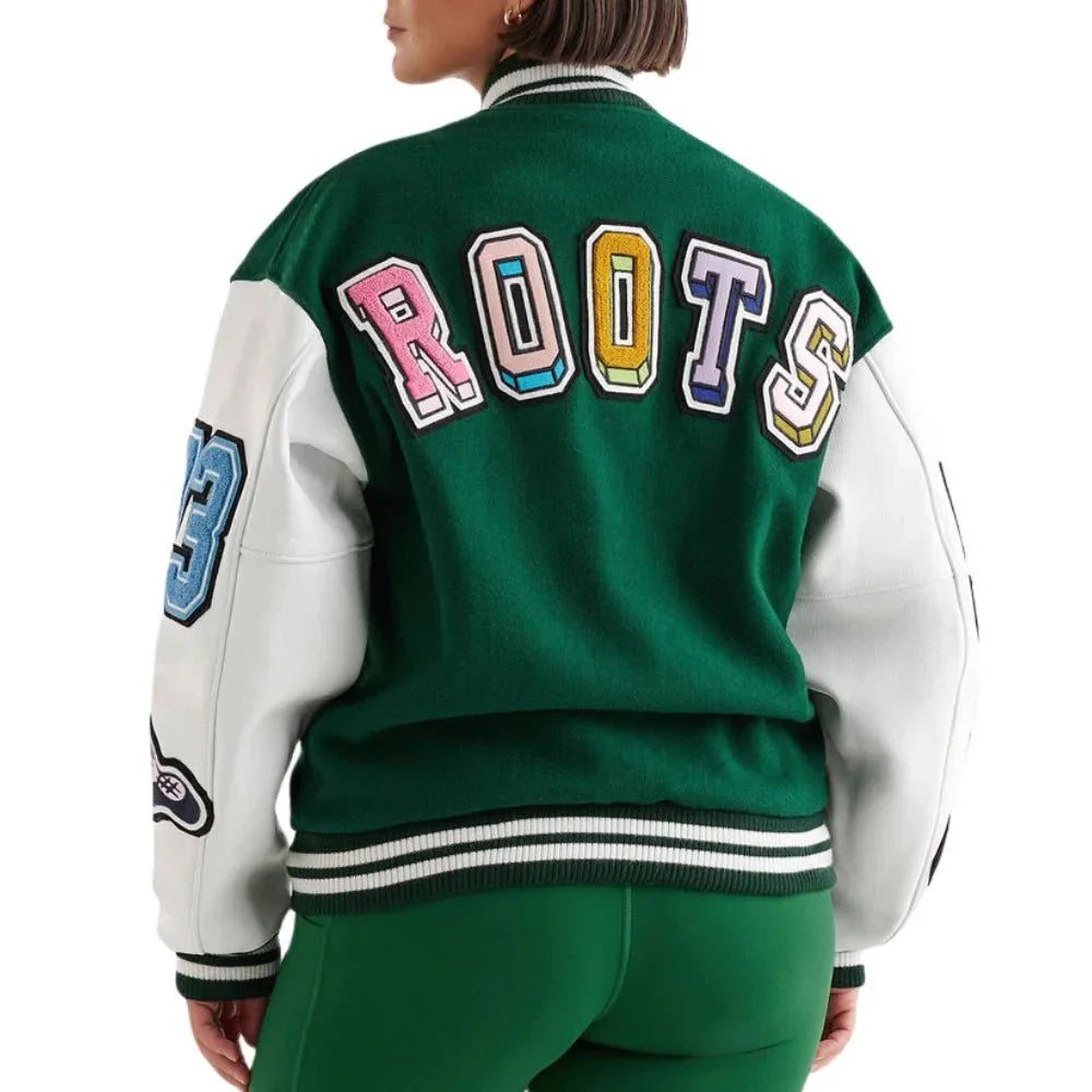 Womens Green and White Woo Blend Varsity Jacket