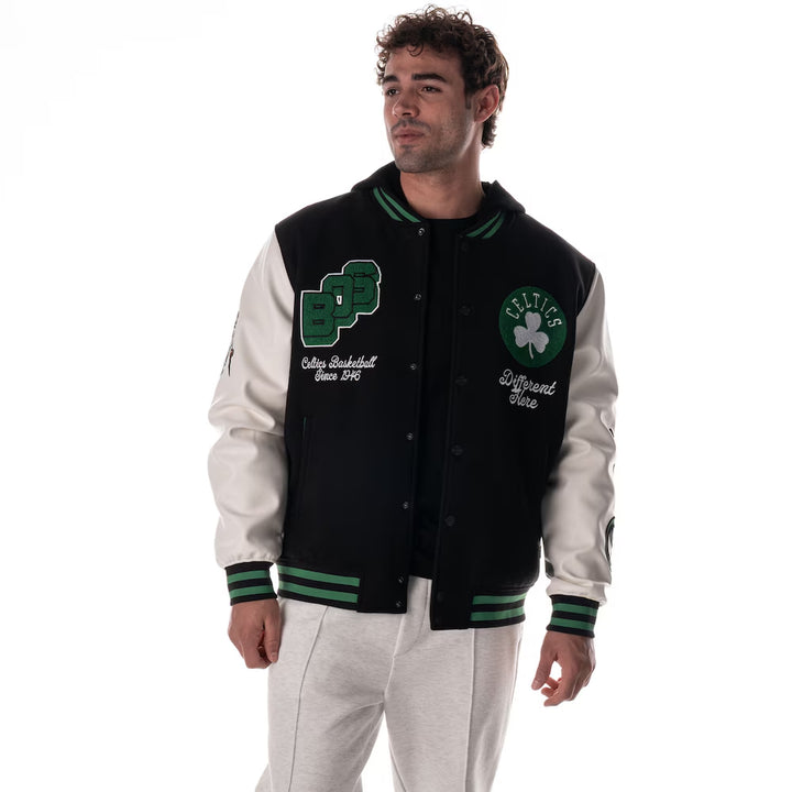 Men Boston Celtics Black Full-Snap Hooded Wool Varsity Jacket