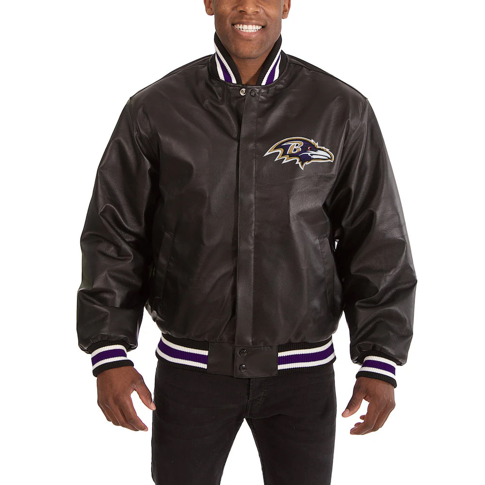 Men's Baltimore Ravens JH Design Black Leather Full-Snap Jacket