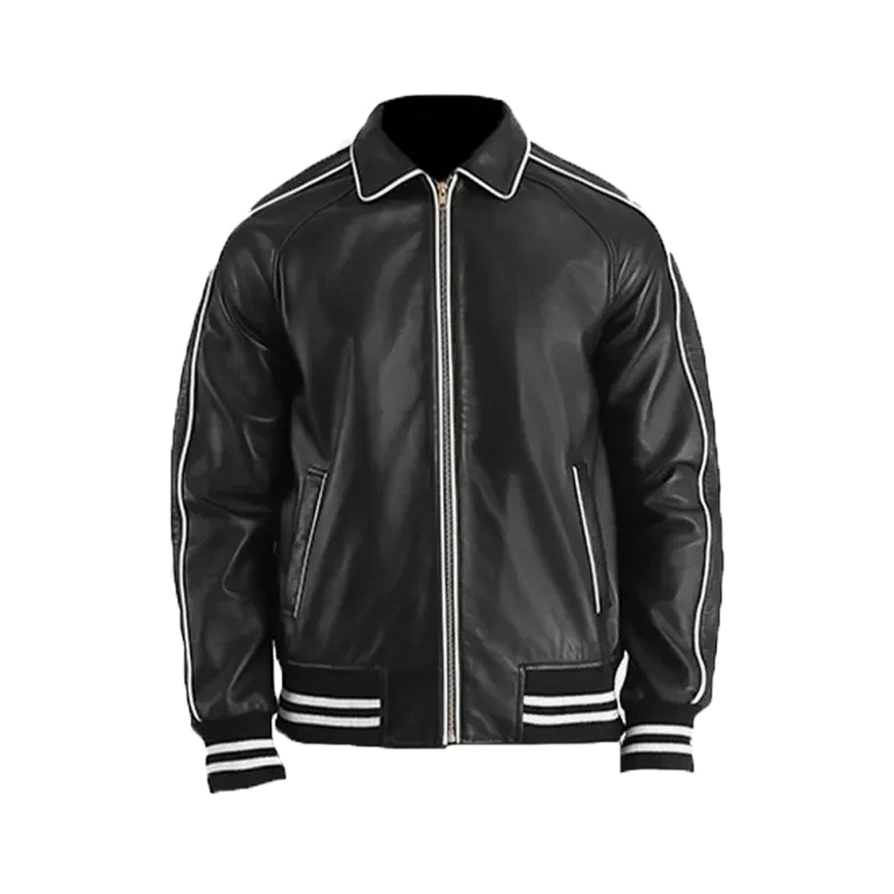 Men's Black-White Leather Varsity Jacket