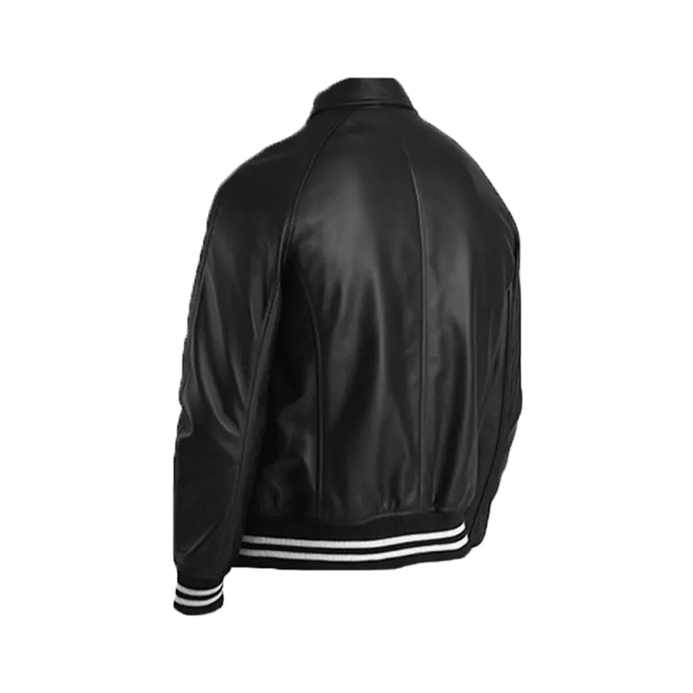 Men's Black Leather Plain Varsity Jacket