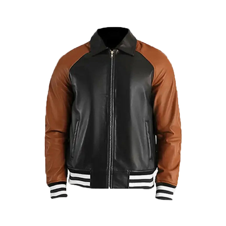 Men's Black & Brown Leather Varsity Jacket