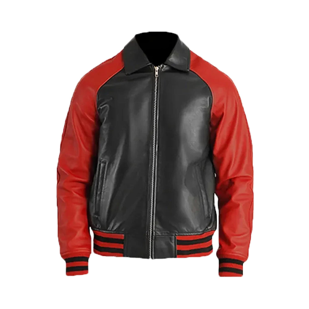 Men's Black & Red Leather Collar Varsity Jacket