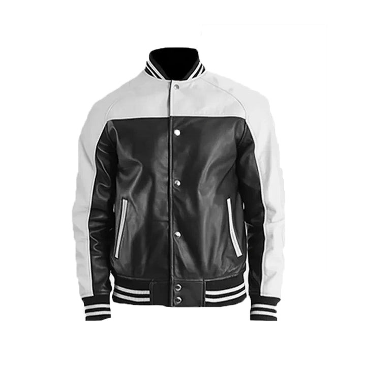 Men's Black & White Leather Varsity Jacket