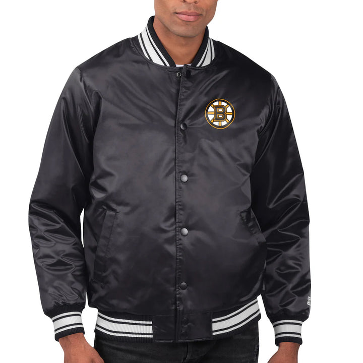 Men's Boston Bruins Starter Black Printed Team Logo Satin Varsity Full-Snap Jacket